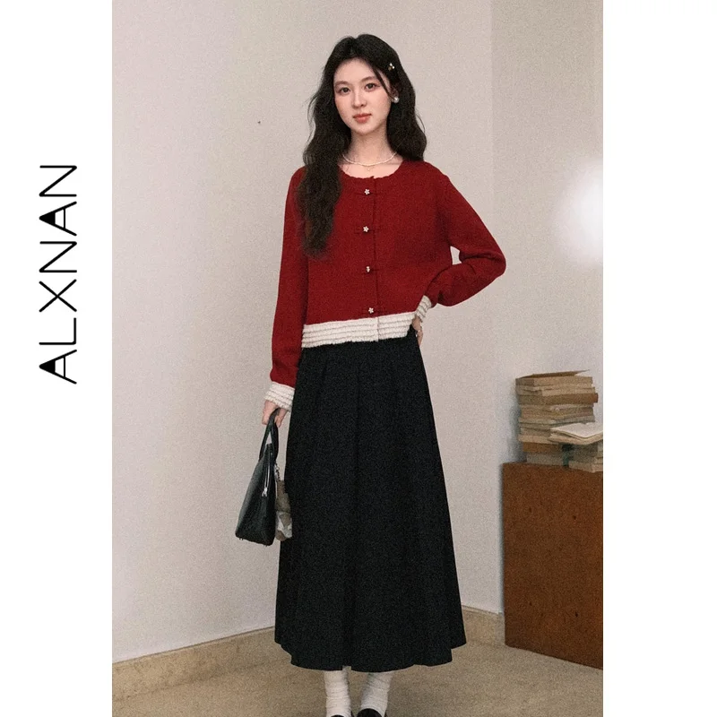 

Женский кардиган ALXNAN, красный, в китайском стиле, элегантный свитер, короткий вязаный топ на флисовой подкладке с кружевной отделкой, L59529