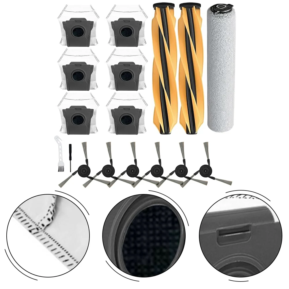 

For Mova Z60Ultra Robot Vacuum Cleaner Parts 2 Rubber Main Brushes, 6 Dust Bags, 1 Rolling Mop, 6 Side Brushes, 2 Cleaning Tools