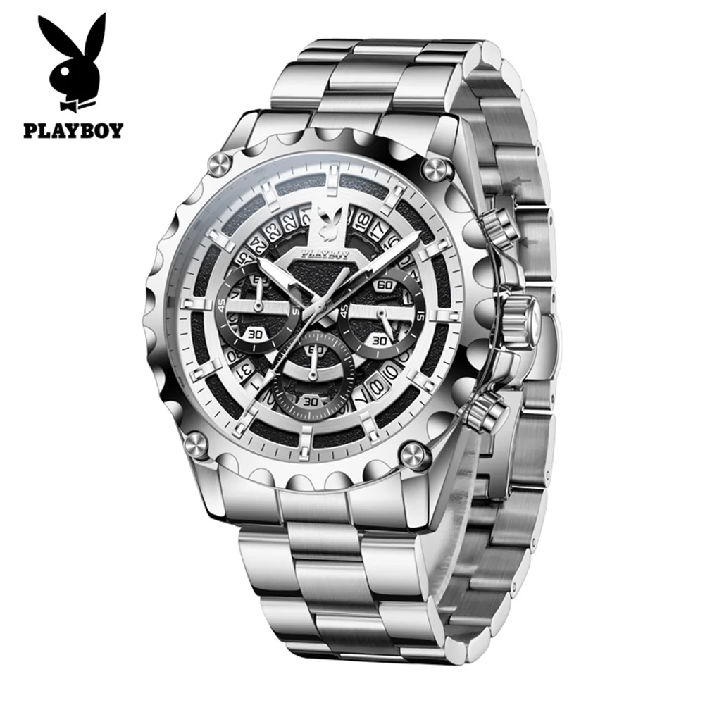 PLAYBOY Hollow Design Men's Watch Luxury Multi Function Quartz Wristwatch Waterproof Luminous Simple Fashion Watch for Man 3521