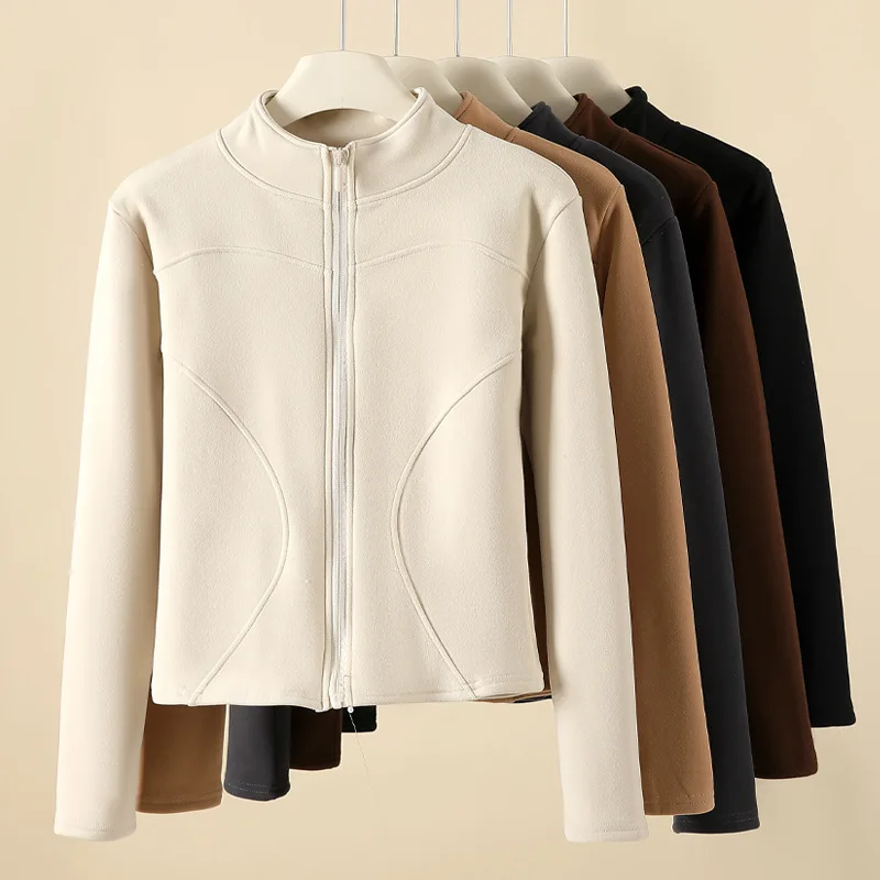 New Fashion Stand Up Collar Tight Fitting Top Autumn Winter Kaola Fleece Jacket for Women Double Arc Curve Zipper Style Cardigan