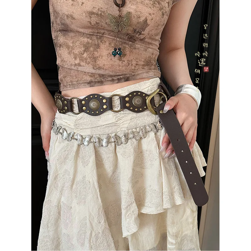 

Retro Gothic Western Black Wide Version Rivet Belt Women's Y2k With Skirt Jeans Belt Waist Chain Waist Accessories Decoration
