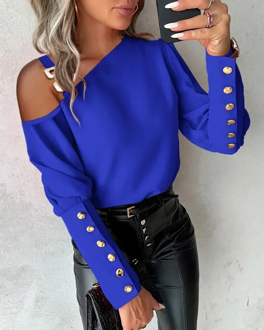 Damen-Bluse mit Offenen Schultern, Langen Ärmeln, Dekorativen Metallknöpfen, Lockerer Passform für Party, Dating und Alltag – Detail 4