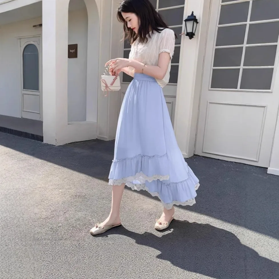 

Japanese Ruffles Pleated Skirt Woman Sweet High Waist Loose Ankle-length Skirts Women College Style Black Patchwork A-line Skirt