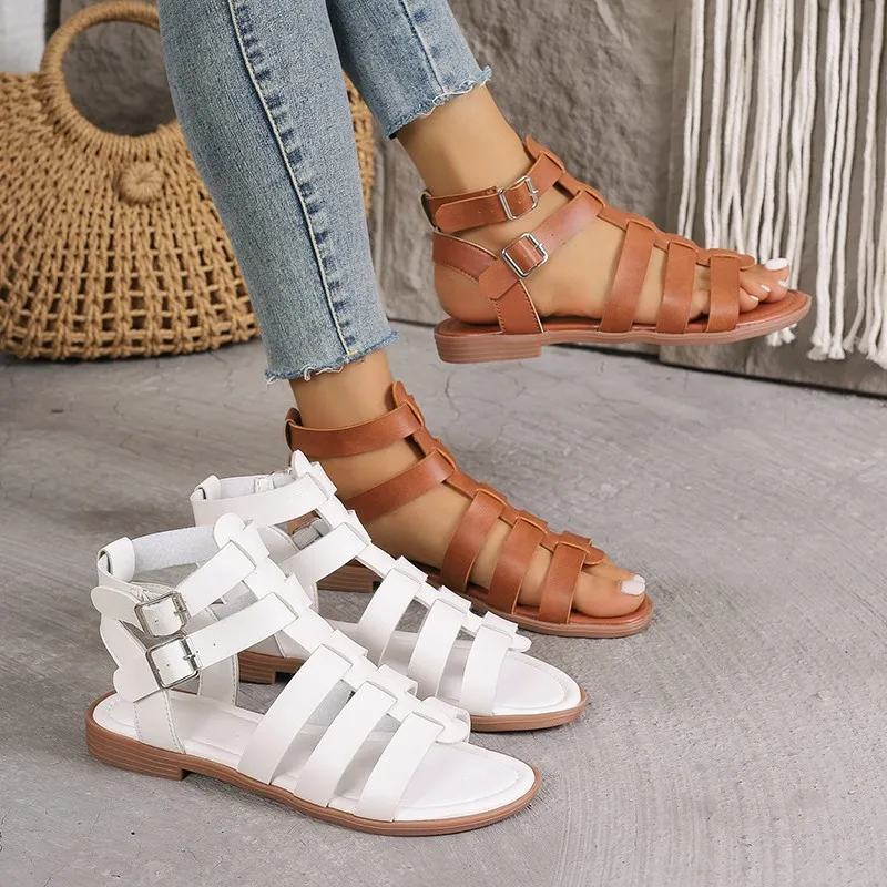 Sandalias romanas ahuecadas para mujer, zapatos de gladiador con punta abierta, cómodos, planos, para vacaciones y playa, a la moda, novedad de verano