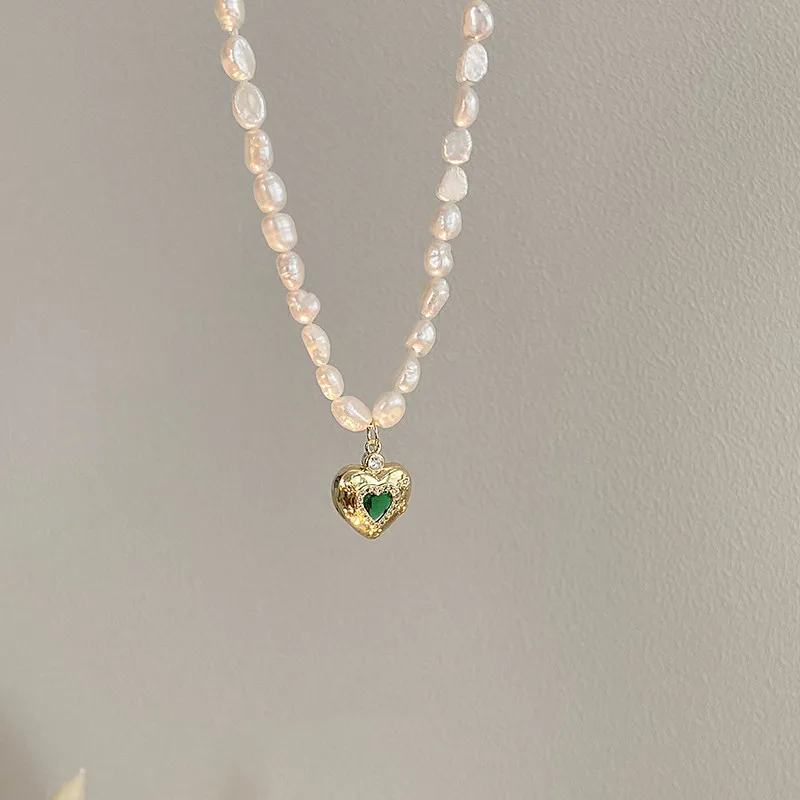 New Romantic Love Heart Green Crystal Natural Baroque Freshwater Pearl 14K Gold Filled Female Pendant Necklace Jewelry For Women