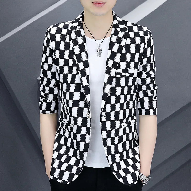 2024 Men's Summer Plaid Printed blazer  Youth Slim Fit Handsome British Style Leisure   blazer