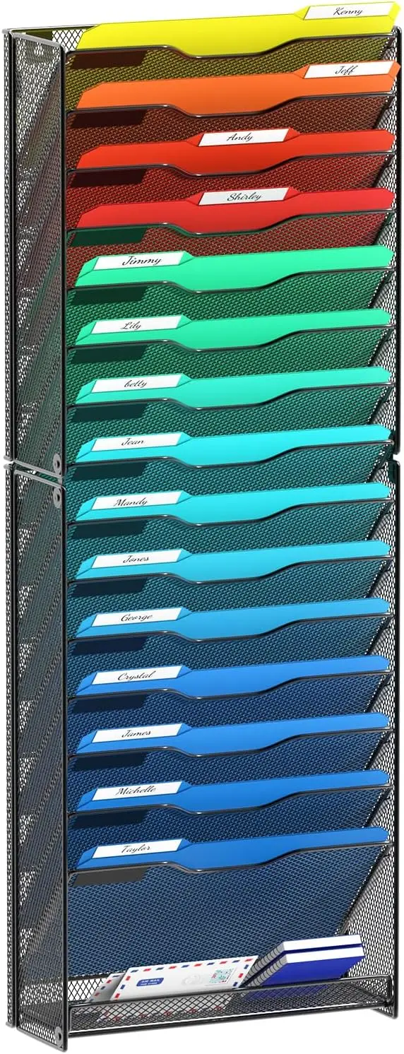 

16 Tier Wall File Organizer, Hanging Holder for Papers and Magazines, Mesh Design in Black
