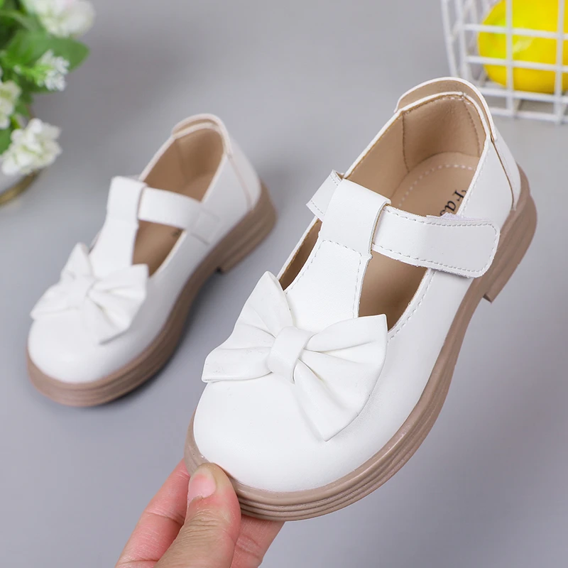 2023 Children\'s Fashion Solid Color Girls Leather Shoes Spring and Summer Bow PU Round Head Versatile Anti Slip Kids Loafers New