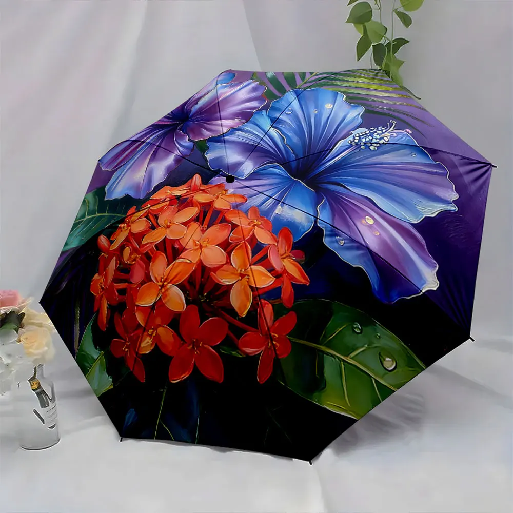 1PC Beautiful Floral Umbrella with Exotic Hawaiian Design Print 8 Iron Ribs Folding Umbrella Auto-Open Fashion Sunshade