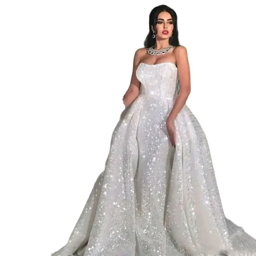 Full Sequin Plus Size Overskirt Country Bridal Gown Glitter mermaid Style arabic wedding dresses with detachable train Strapless