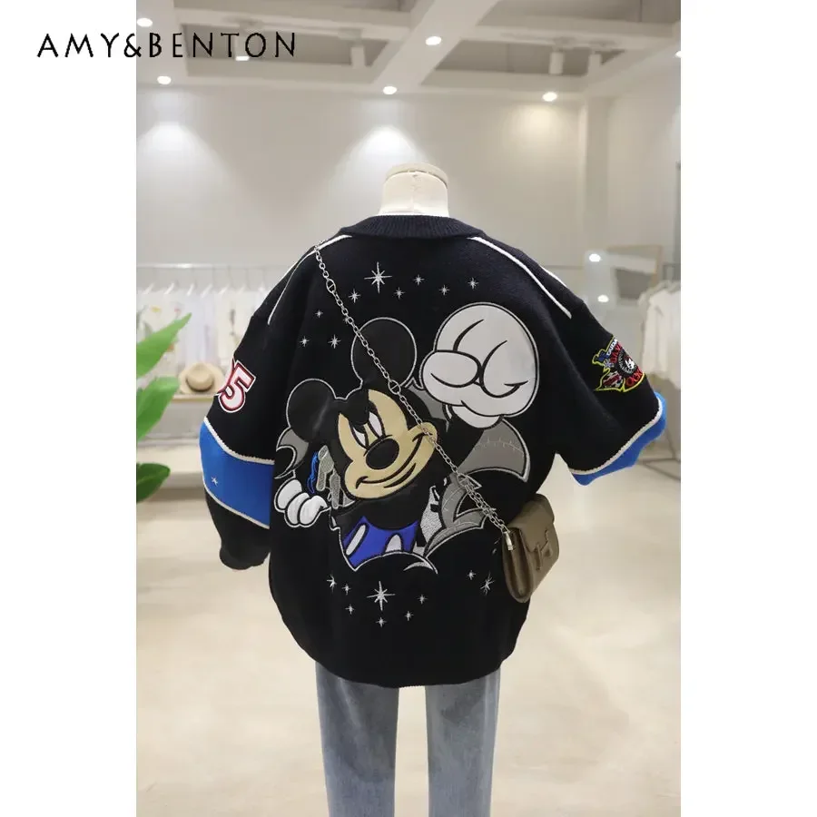 Heavy Industry Cartoon Embroidery Knitwear Jacket Early Spring Loose Thickening Keep Warm Baseball Uniform Sweater Coat Female