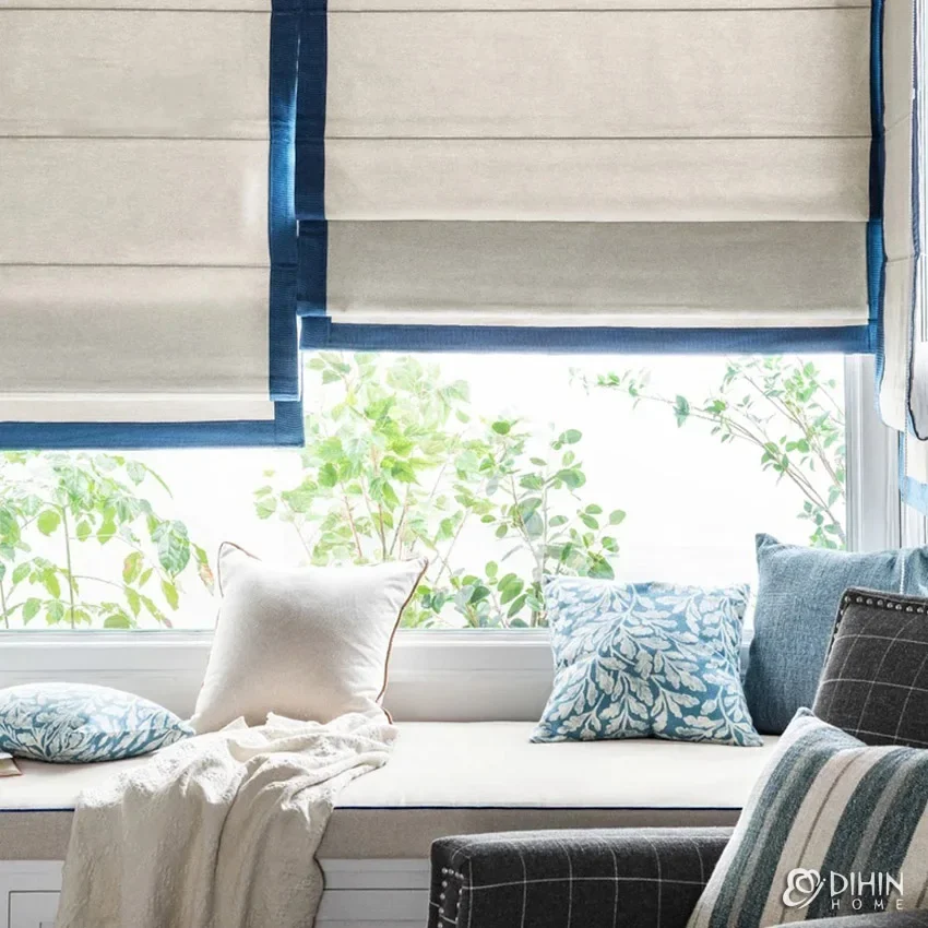 

Modern 40+ Colors 100% Cotton Fabrics Custom Made Roman Blinds White With Blue Border Window Curtains Easy to Install