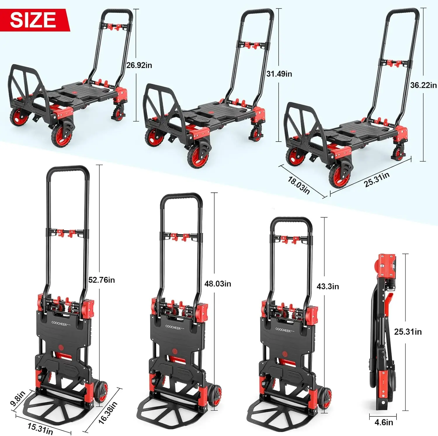 330LB Folding Hand Truck Heavy Duty Carrying, Combination of Four Wheels and Two Wheels Convertible Dolly Cart with Retractable