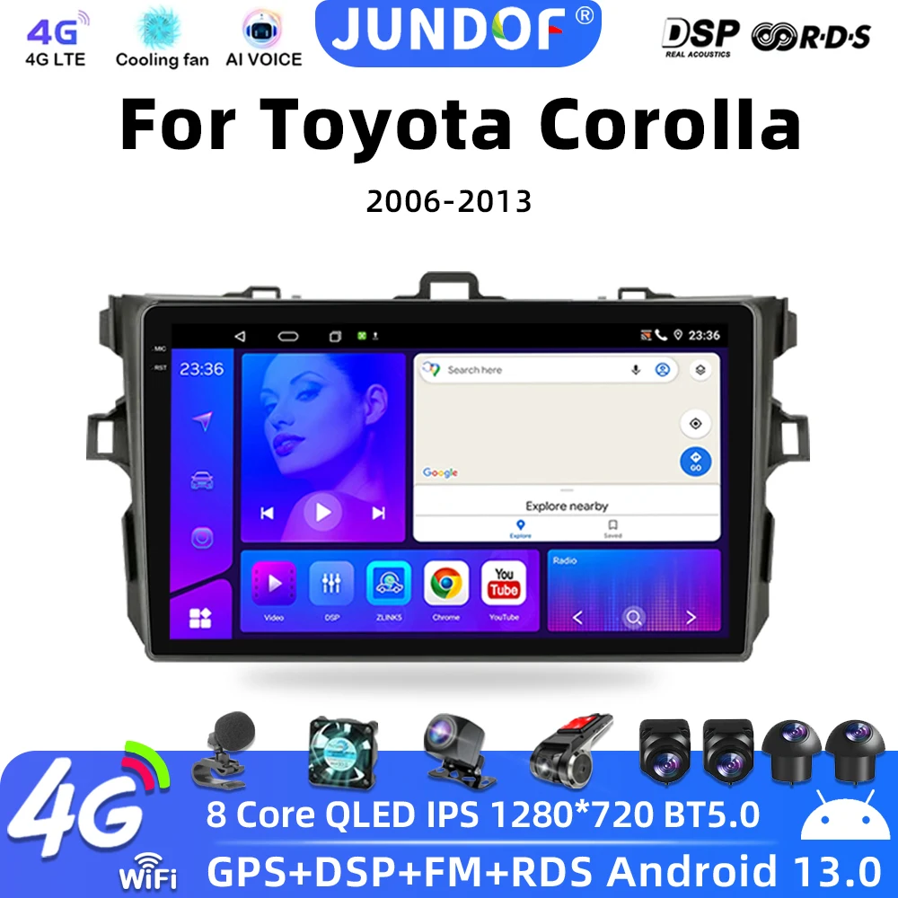 

JUNDOF 2 Din Android 12 Carplay Car Radio for Toyota Corolla E140 E150 2006-2013 Multimedia Player GPS Navigation 2din Autoradio