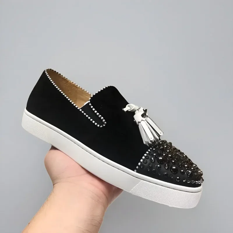 Luxury Low Top Red Bottom Shoes For Men Trainers Driving Spiked Black Suede Genuine Leather Tassel Rivets Toecap Flats Sneaker