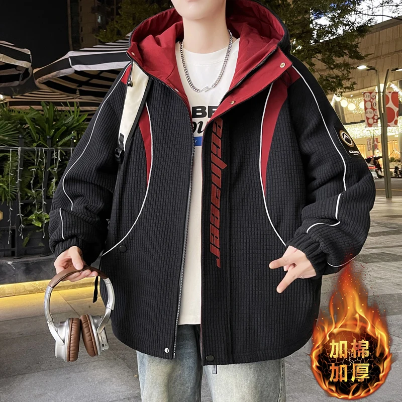 

Новое зимнее поступление, утепленное флисовое пальто с капюшоном для мужчин и молодежи, уличная куртка на хлопковой подкладке, свободная теплая парка, одежда