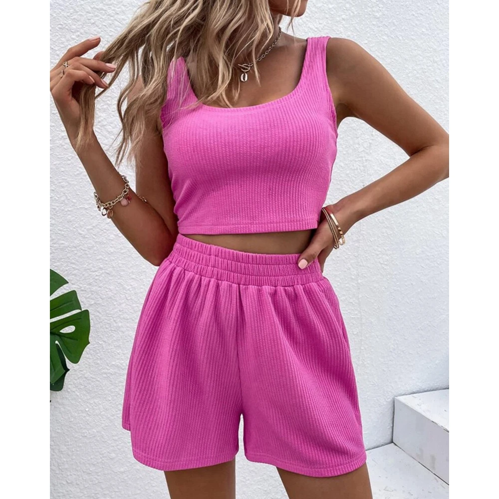 Girls\' Fresh and Sweet Shorts Set 2023 Summer Casual Women\'s Knitted Rib Sleeveless U-neck Top and Shorts Two Piece Set