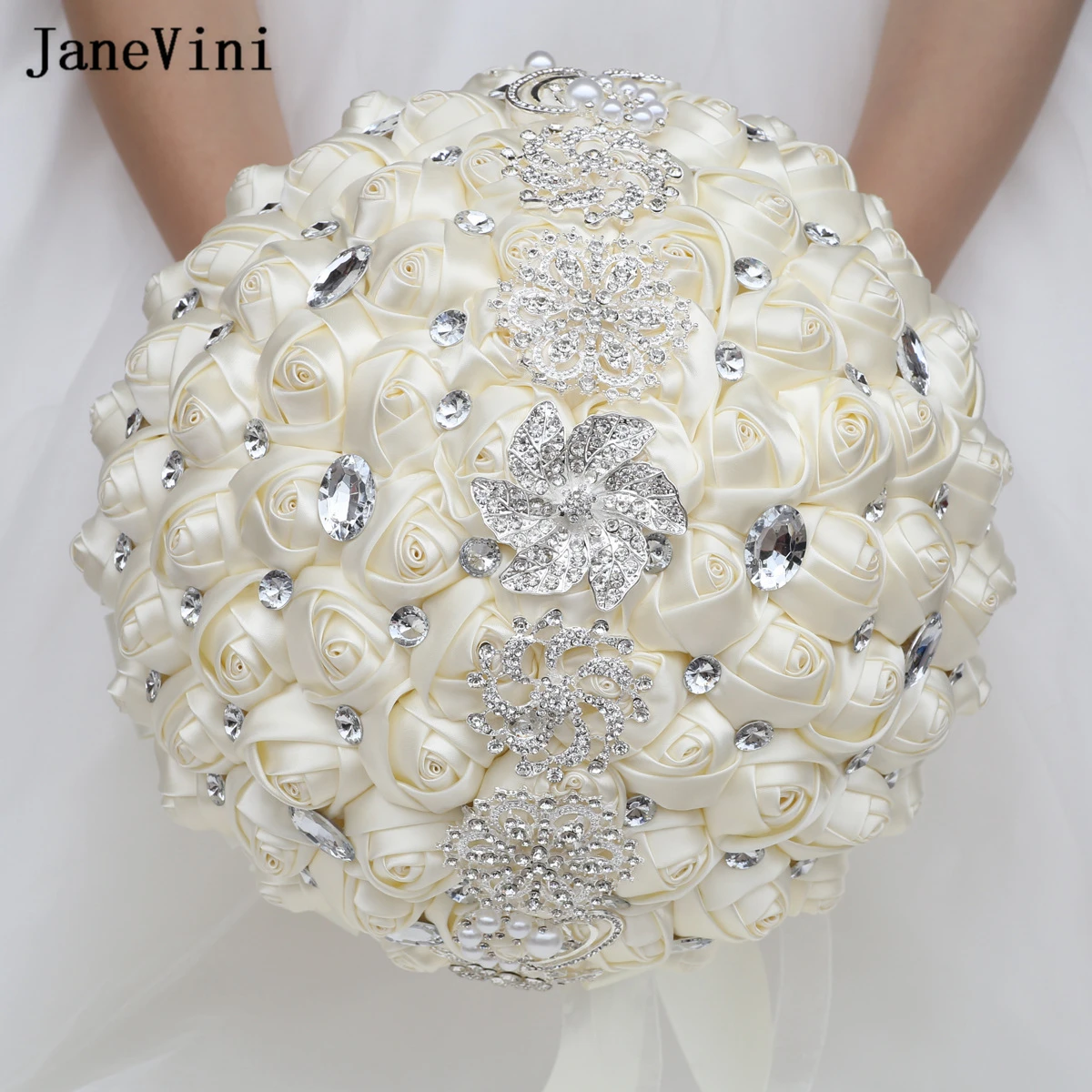 

JaneVini Luxury 30cm Ivory Bridal Bouquets Silver Rhinestone Satin Roses Bride Bouquet Artificial Flowers for Wedding Decoration