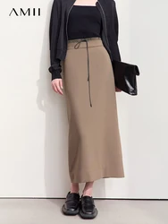 Amii Minimalism Skirts For Women 2024 Autumn New Commuter Contrast Stitching With Waist Rope Lady Split Straight Skirt 12443027