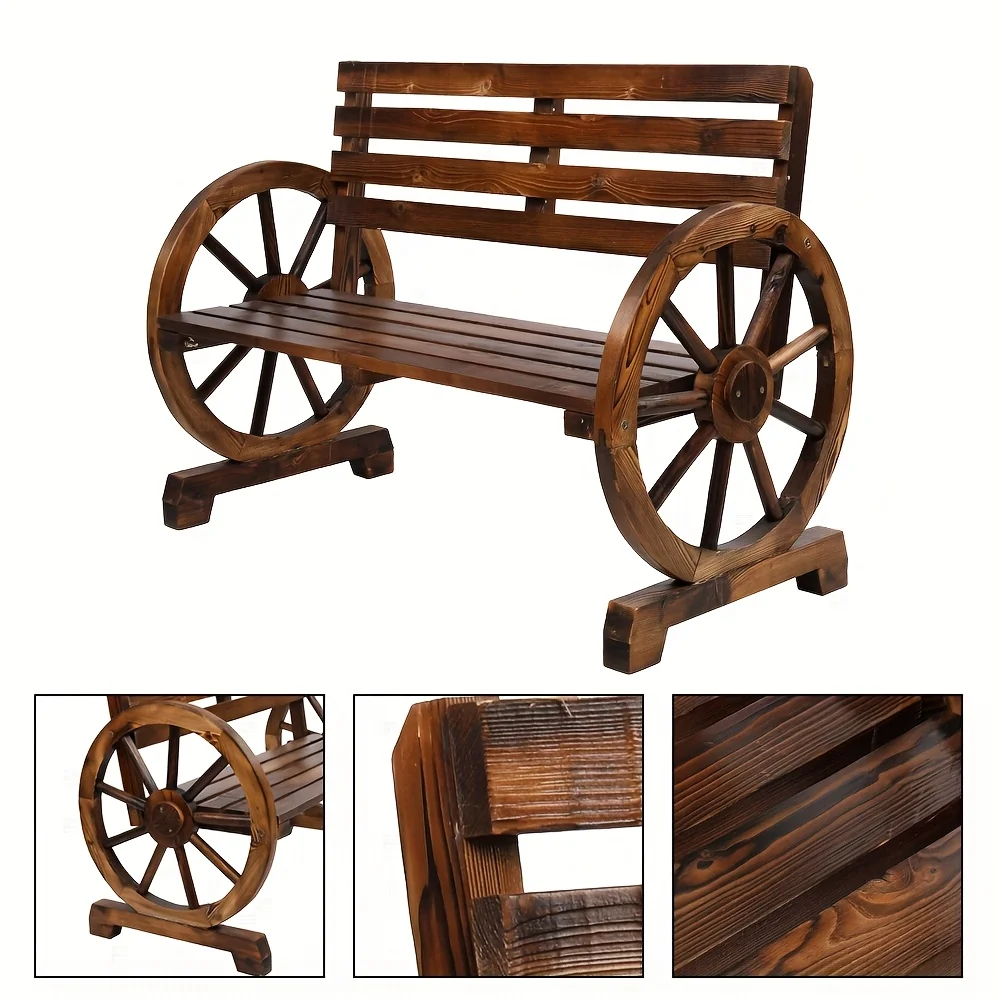 

2-Person Outdoor Wooden Wagon Wheel Bench with Slatted Seat And Backrest Brown Suitable for Patio Outdoor, Garden, Poolside