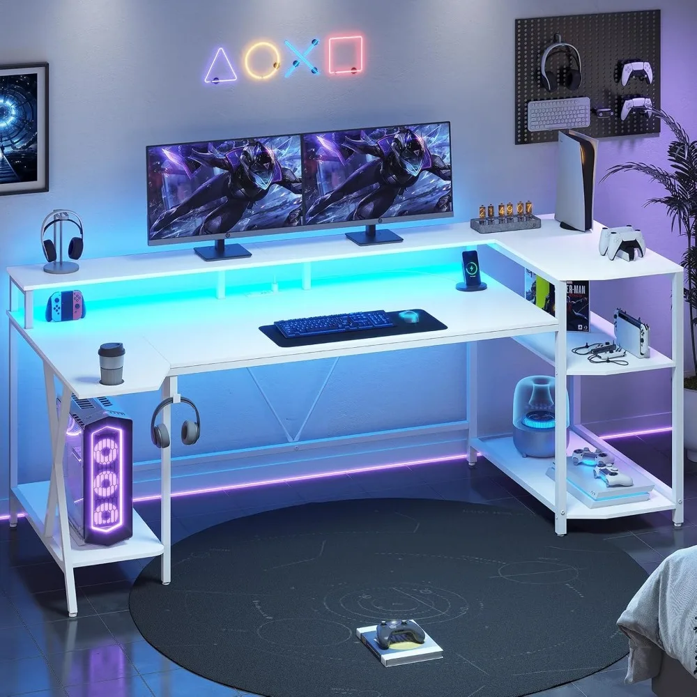 

White Gaming Desk 70.8'' with LED Lights and Storage Shelves, Computer Desk with Monitor Stand, Power Outlets and Cup Holder, L