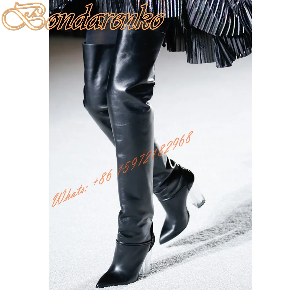 

Clear Heels Thigh High Boots Pointy Toe Solid Leather Square Heels Zipper Boots Over The Knee Winter Party Dress Women Sexy Shoe