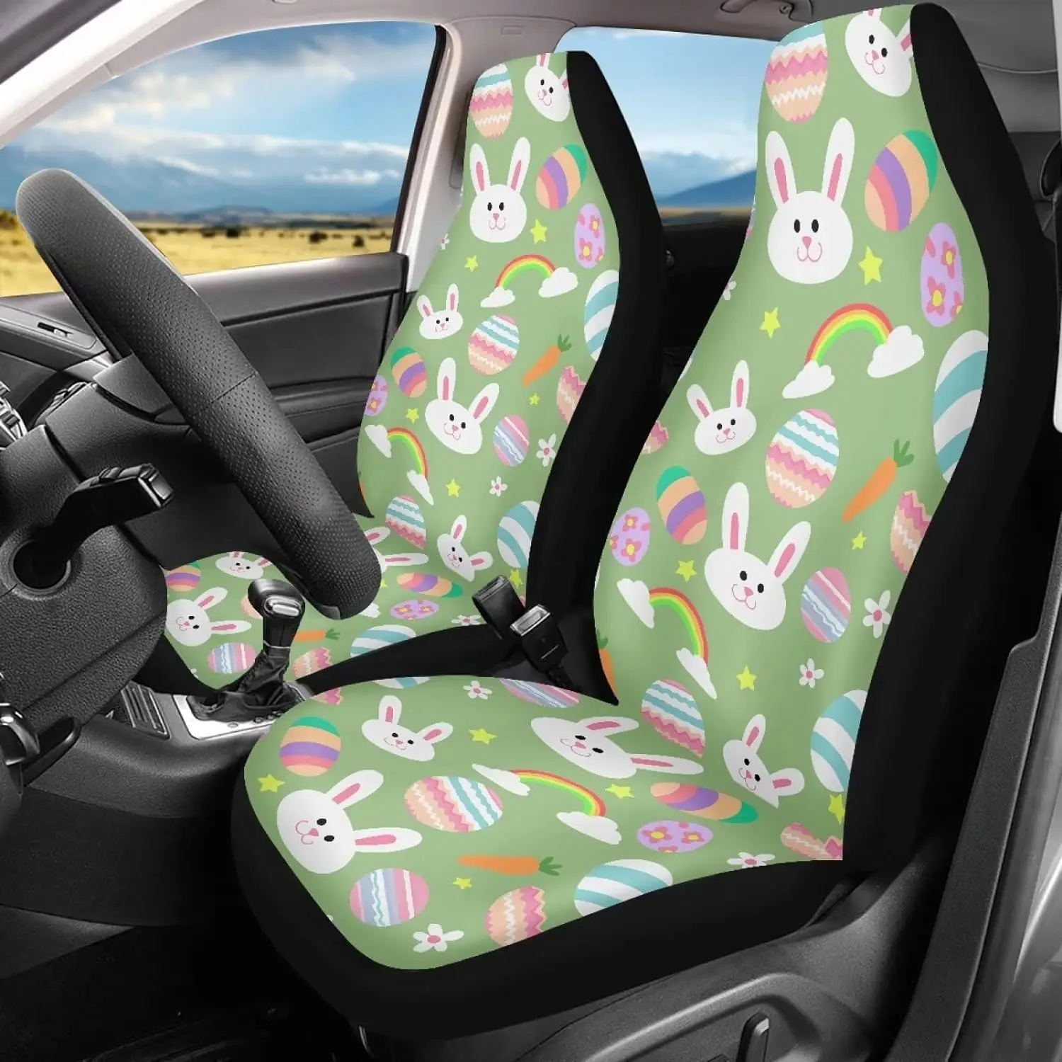 Easter Bunny Cartoon Cloth Car Seat Covers for Front Seats SUV Truck Van Sedans Bucket Seat Covers for Women Men Washable