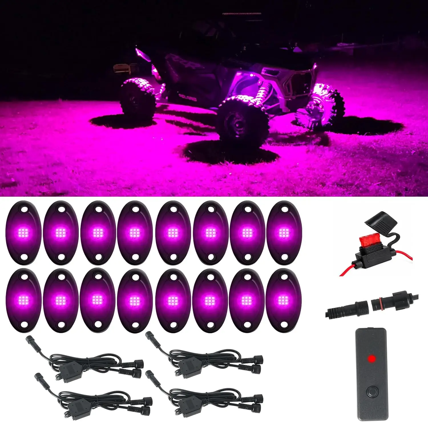 16-Pod Purple Pink LED Rock Lights with Switch Kit, 12V DC, IP68 Waterproof, Compatible with Trucks, UTVs, ATVs