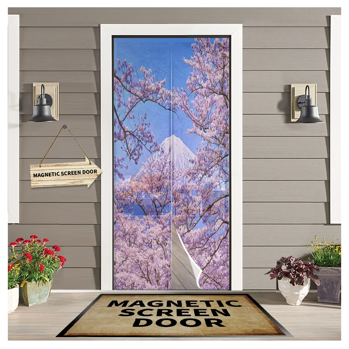 Mount Fuji Cherry Tree Pink Flowers Magnetic Screen Door Curtain Home Summer Window Mosquito Net for Kitchen Bedroom