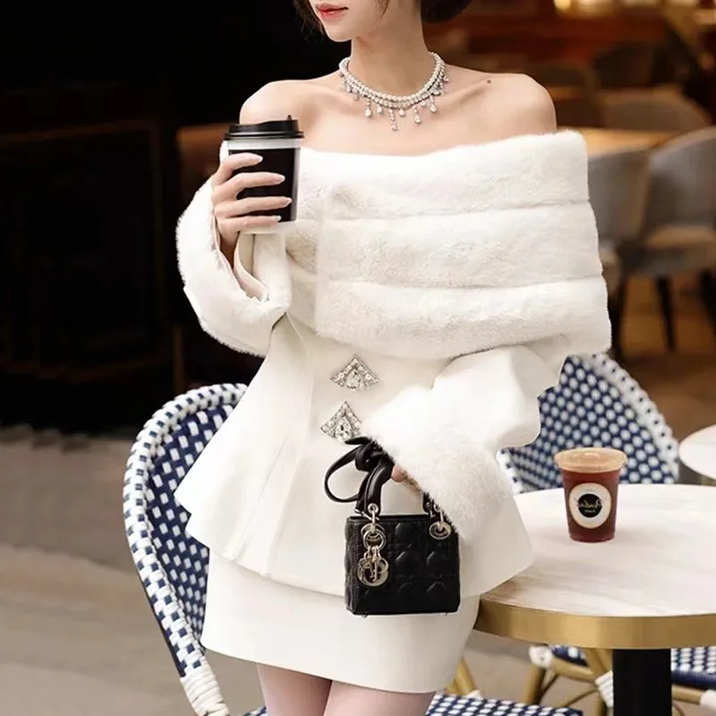 Sexy Off-the-Shoulder Fur Suit Female 2023 Fall Winter Heavy Industry Imitation Fox Fur Rhinestone Coat Short Skirt 2 Piece Sets