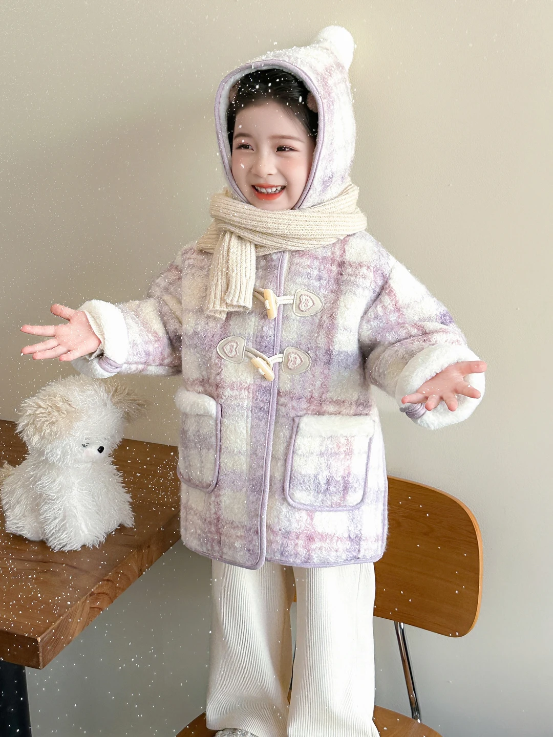 

Thiened Plaid Woolen Coat for Little Girls Autumn Winter New Arrival Warm Long Sve Outerwear Trendy Children's Clothing