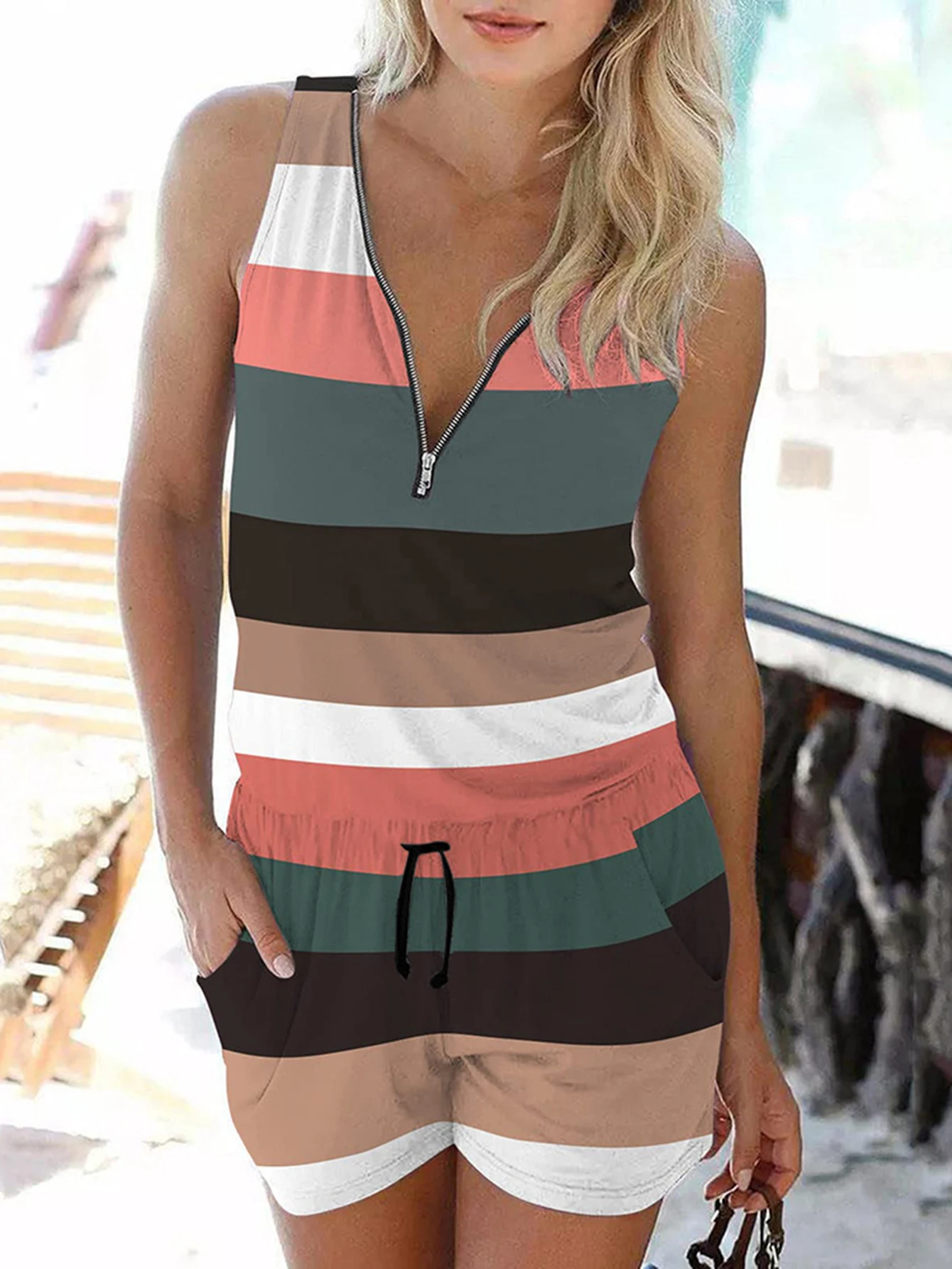 

UNIKTEE Women's Sleeveless V-Neck Jumpsuit Contrast Stripes Zipper Wide Leg Casual Summer Fashion