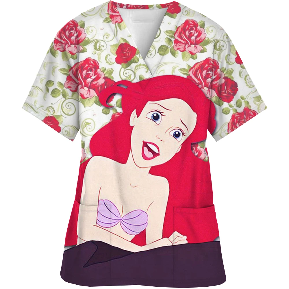 Disney Princess Print Nurse Uniform Dental Clinic V-neck Surgical Gown Snow White Pet Hospital Work Clothes women's short-sleeve