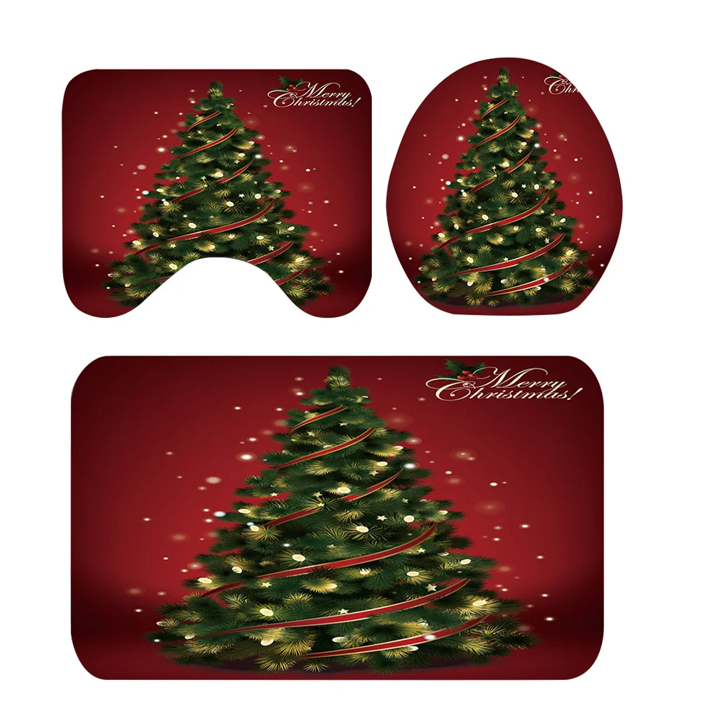 

1Set Christmas Pattern Bathroom Floor Mat Set Red Anti-Skid Pedestal Rug Lid Toilet Cover Festive Anti-Slip Polyester