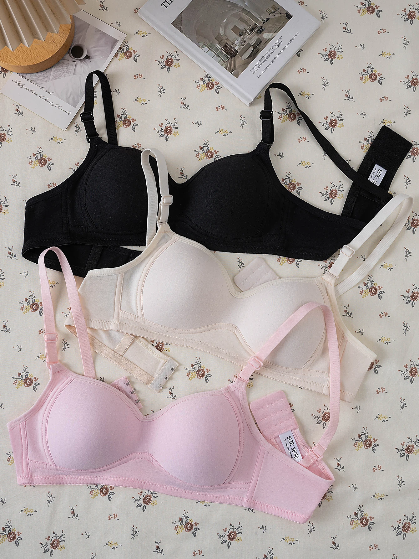 3-piece solid color teenage bra, wireless, adjustable shoulder straps, triple-row back closure, soft underwear, puberty girls' c