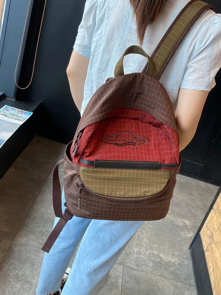 2026-new-retro-durable-nylon-backpack-women's-fine-grid-pattern-color-block-trendy-double-shoulder-bag-school-bag-with-water