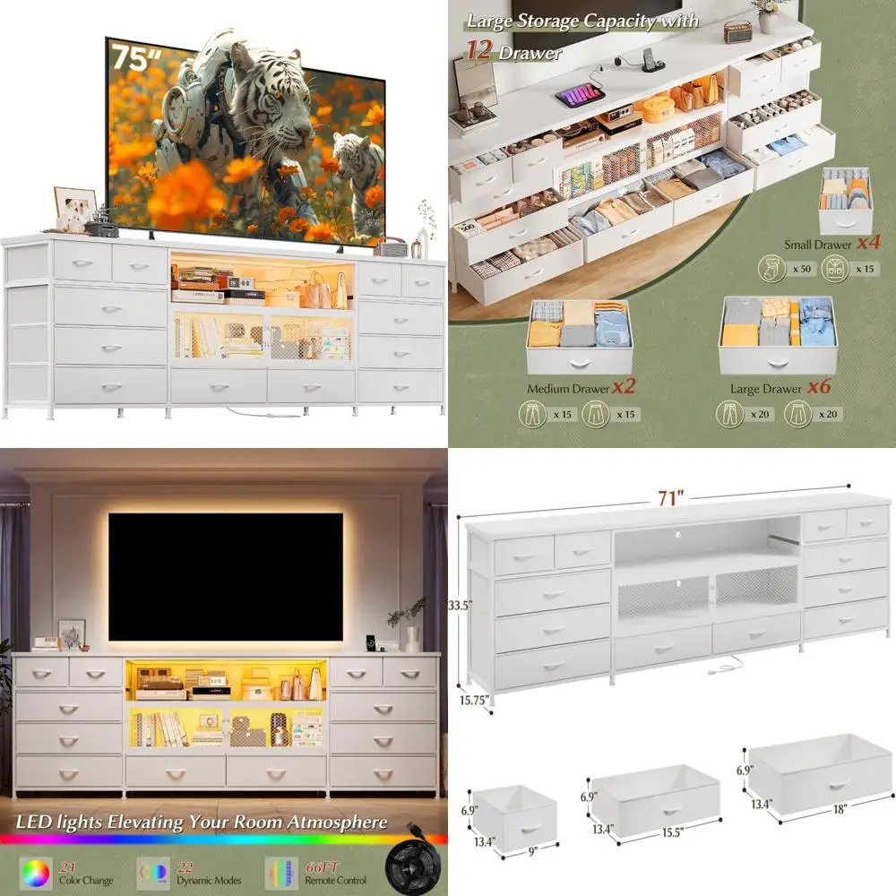 Sturdy TV Stand for 85-75 Inch TVs - Bedroom Dresser with LED, Charging Station, and 12 Fabric Drawers
