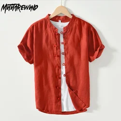 Chinese Tradition Men Shirt Daily Summer Pure Linen Short Sleeve Shirts Man Disc Buckle Mandarin Collar Red Shirt Breathable Top