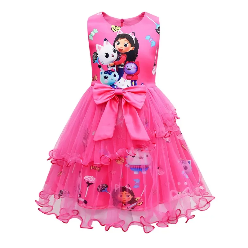 Gabbys Dollhouse Costume for Baby Girl Lace Princess Dress Fashion Kid Up Bow Cats Print Children Tunic Clothes Wedding Vestidos