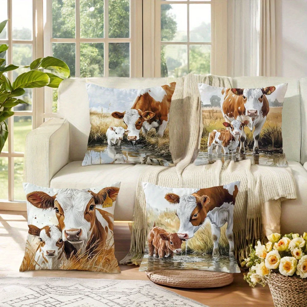 Country Farm Style Pillow Covers, Realistic Cow & Calf in Meadow Print Cushion Cases, Cozy Farmhouse Home Decor for Living Room