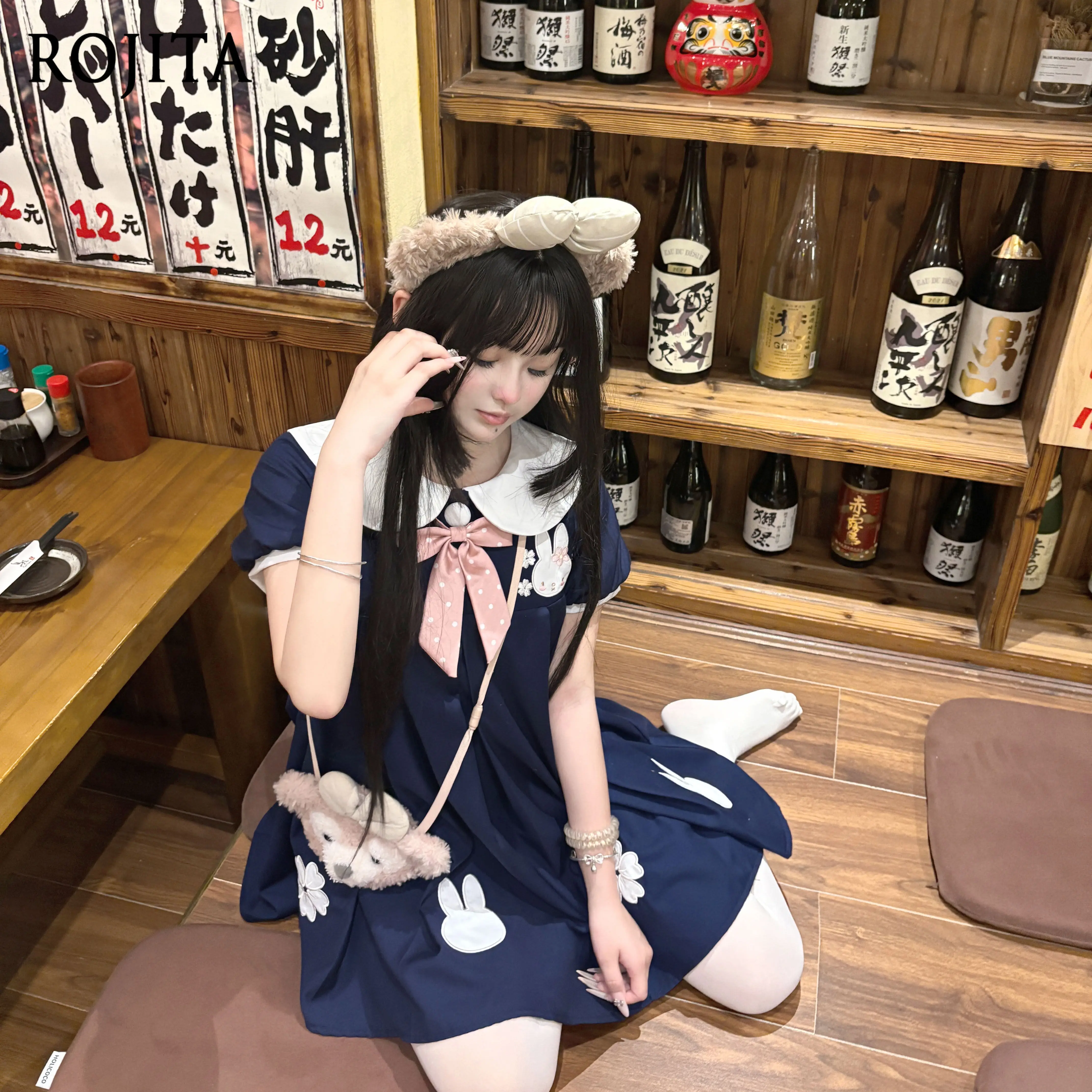 

Navy Sakura Rabbit Embroidery Lolita OP Dress Summer Cute Kindergarten Style Peter Pan Collar Dress JK Original White Cyan Op