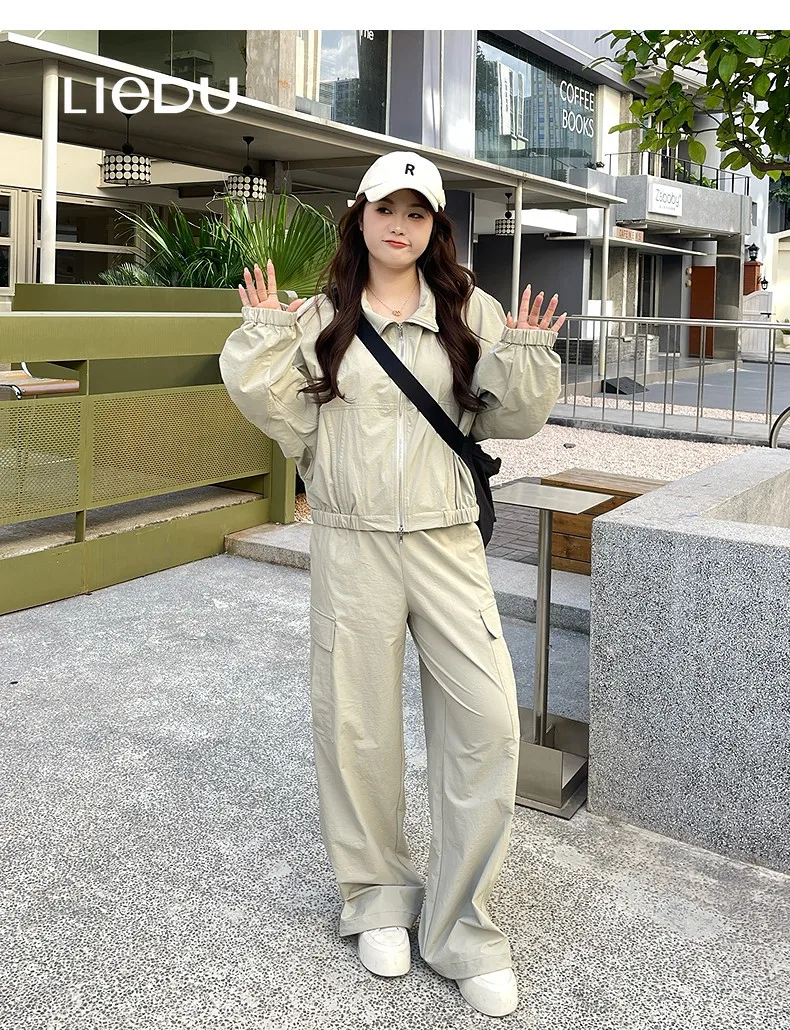 LIEDU Vintage Outdoor 2 Piece Set Women Drawstring Stand Collar Zip Up Jacket Wide Leg Cargo Pants Loose Fit Casual Outfit 2026