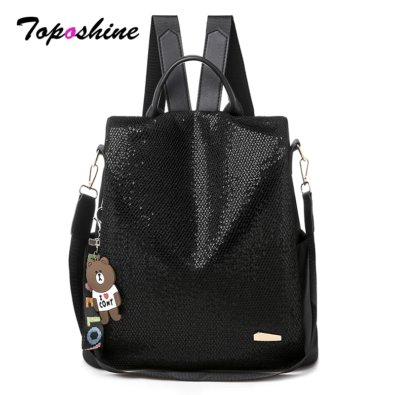 

Toposhine Glitter Sequin Backpack for Ladies Convertible Shoulder Bag & Cute Bear Pendant Fashion Travel School Women's Rucksack