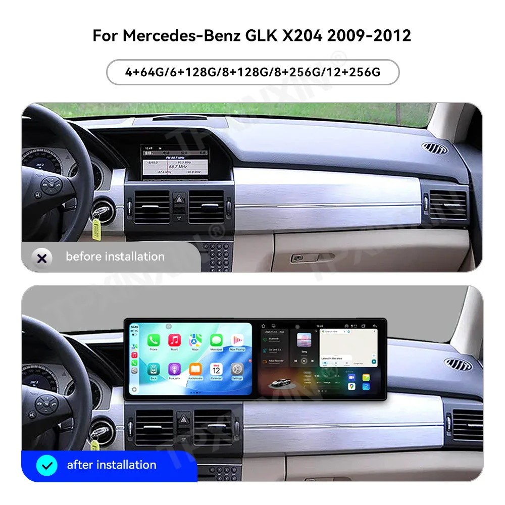 

9,1-дюймовый автомобильный радиоприемник с двойным экраном для Mercedes-Benz GLK X204 2009-2012, мультимедийный видеоплеер, автостерео, GPS-навигация, Android 15