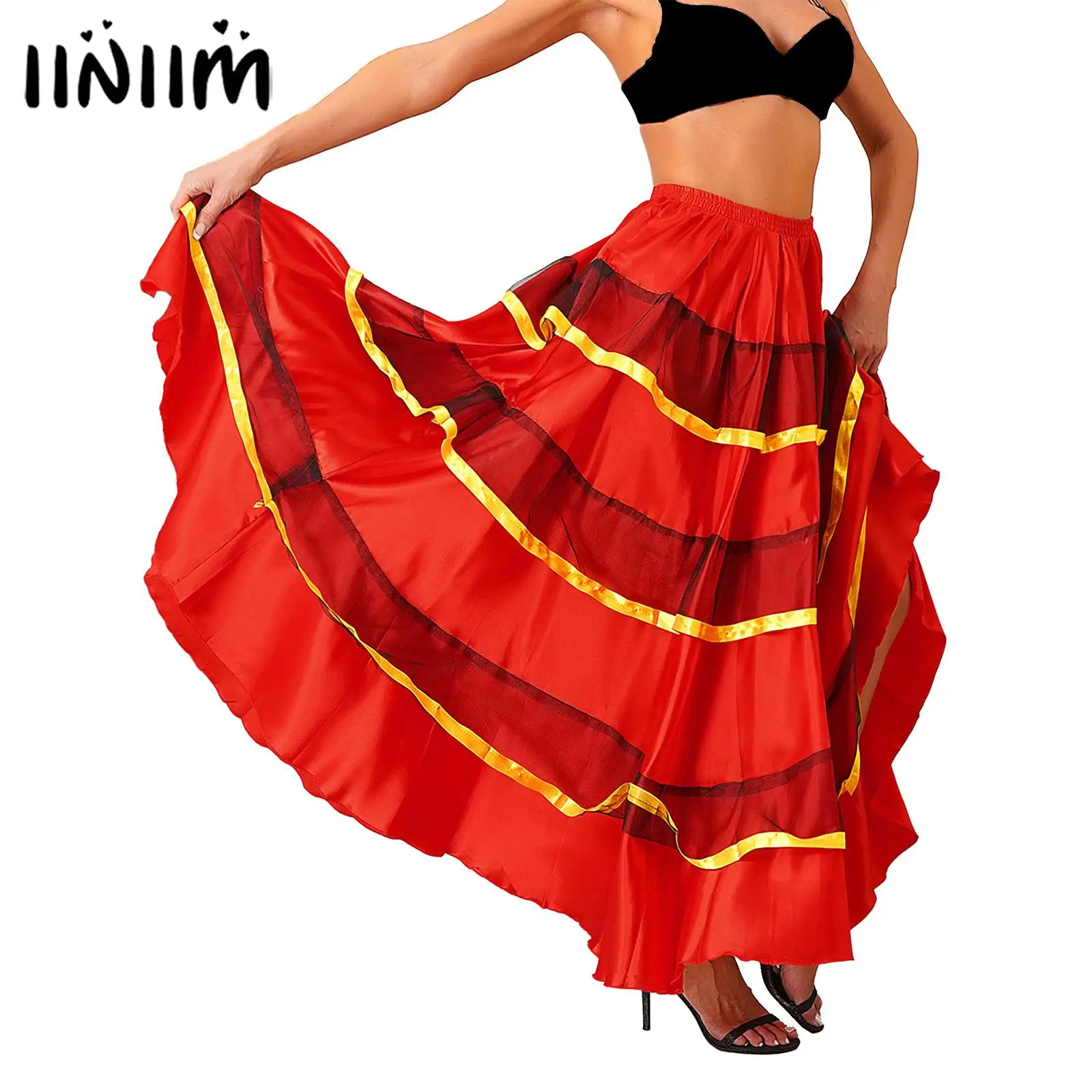 Womens Gypsy Flamenco Dance Skirt Tiered Ruffles Wide Hemline Ballroom Belly Spanish Dancing Skirts Big Swing Carnival Costume