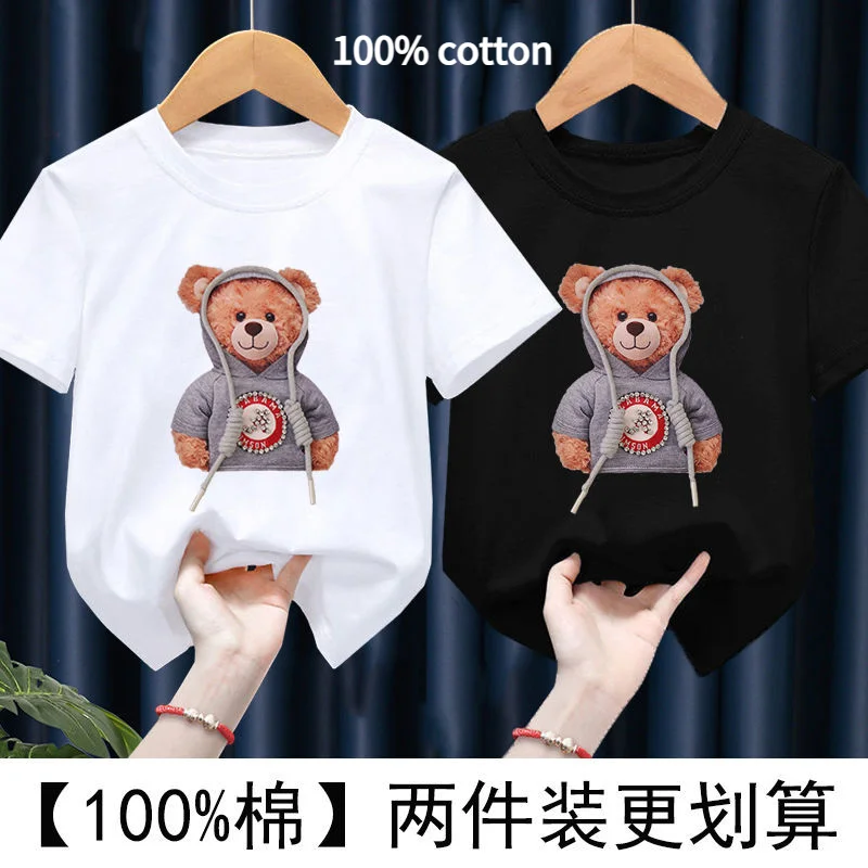 

2022 Little Girl Boy Summer 3D Bear Simple Clean Short Sleeve Cute Children'S Wear Thin Cotton T-Shirt