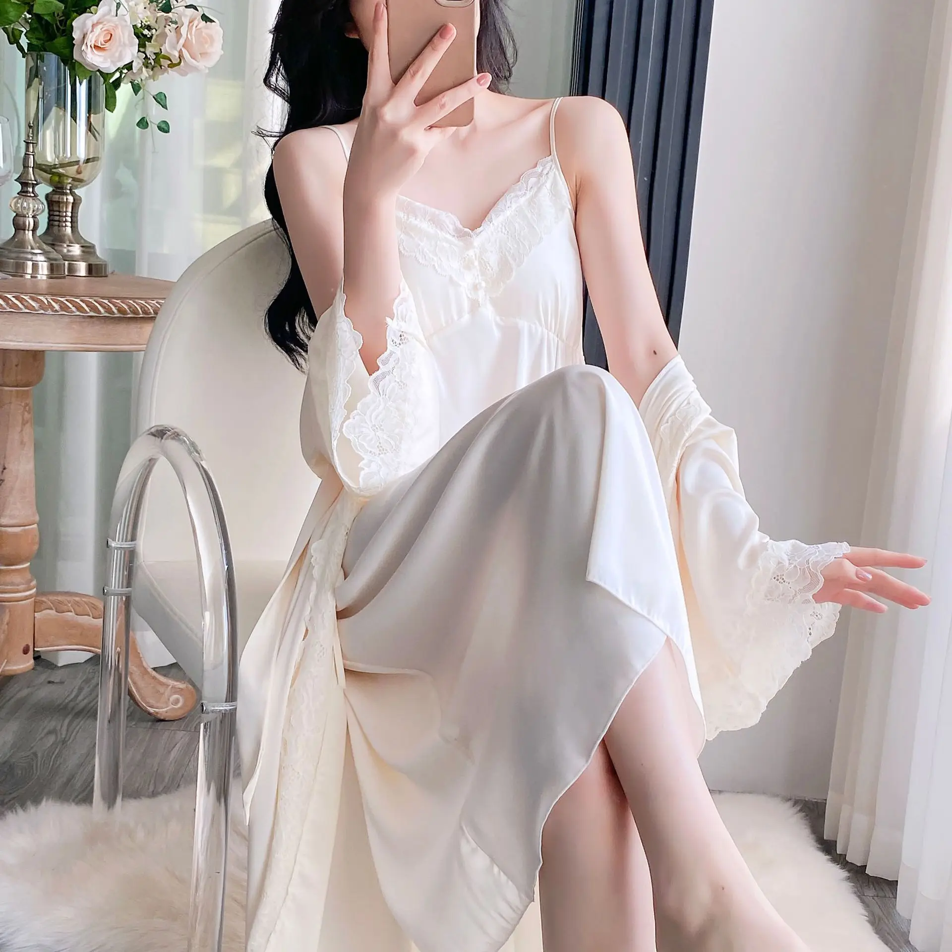 2PCS Lace Robe Set Female Bathrobe Suspender Nightdress V-Neck Kimono Gown Suit Spring Summer Women Satin Sleepwear Home Clothes