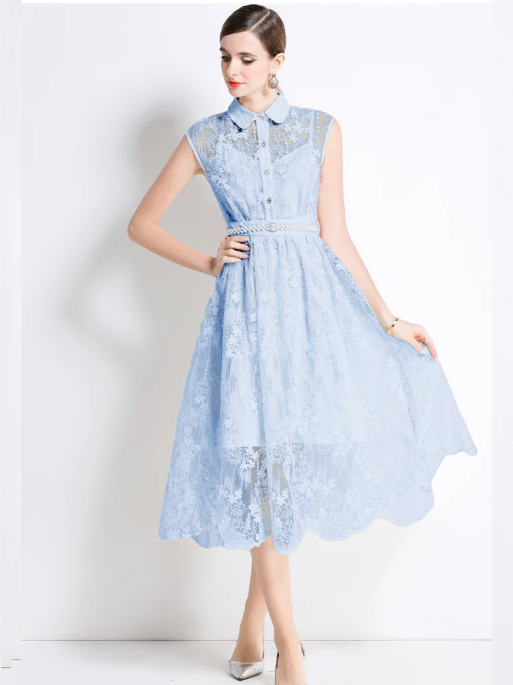 

Elegant Mesh Embroidered Lapel Short Sleeved Single Breasted Slim Fit Dress 2025 Summer New Fashionable Women'S Clothing