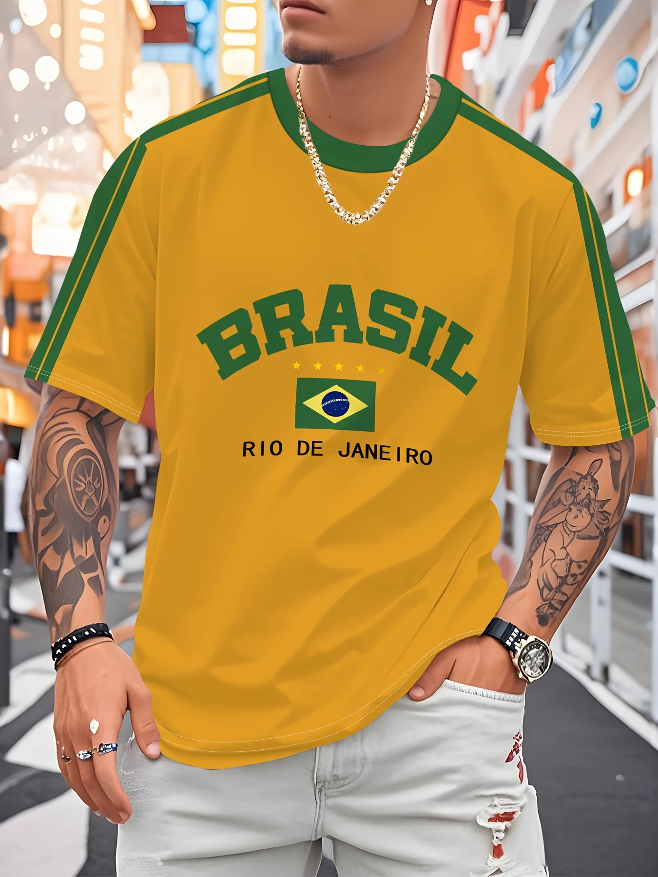 تي شيرت رجالي صيفي جديد لعام 2025 برقبة دائرية مطبوعة برازيلية هي ملابس رجالية خارجية غير رسمية ومريحة