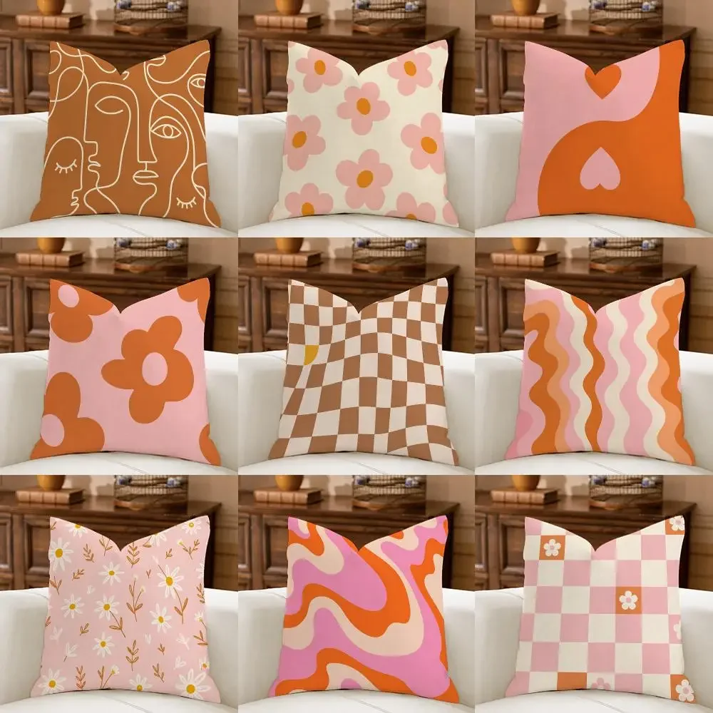 Funky Orange Pink art Cushion Cover Natural Breathable Durable Linen Printed Decor Pillow Case Sofa Bedroom